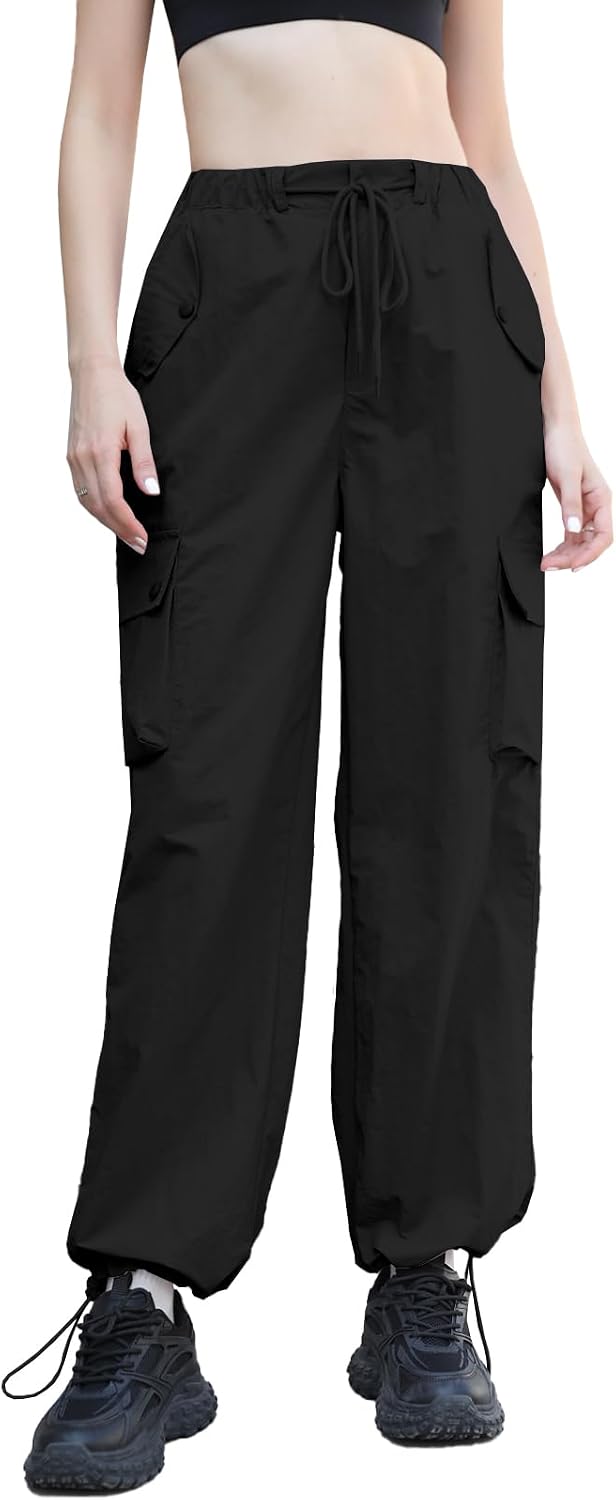 Girls&Womens High Waist Parachute Pants Y2K Cargo Trousers with Pockets 6 Years-Women 2XL - Image 2