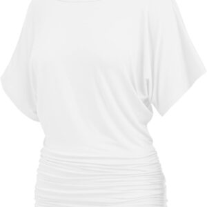 Womens Ruched Tops  Short Sleeve Shirts Boat Neck Batwing Top