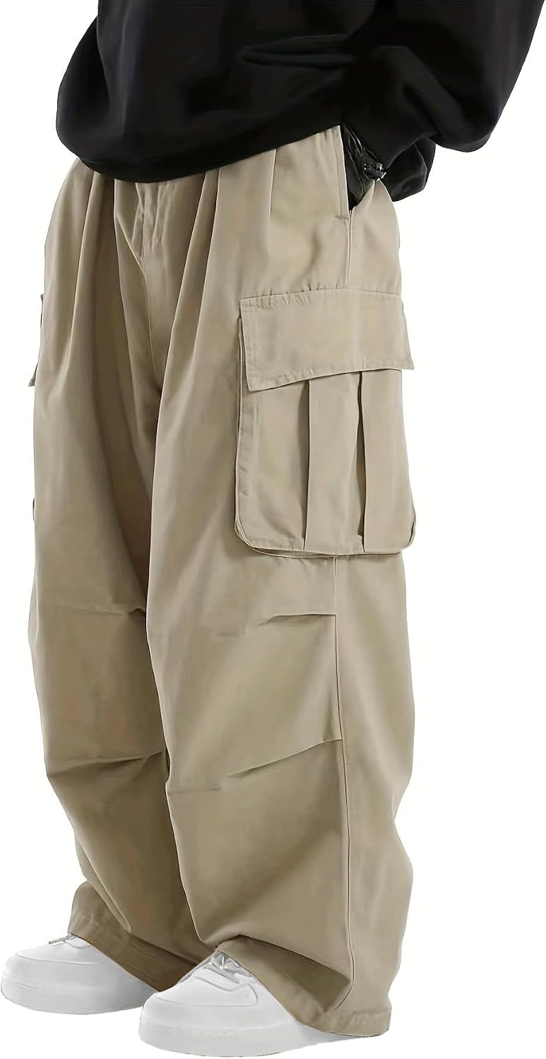 Men's Baggy Cargo Pants Elastic Waist Drawstring Parachute Cargo Pants Casual Joggers Hiking Pants with Pockets