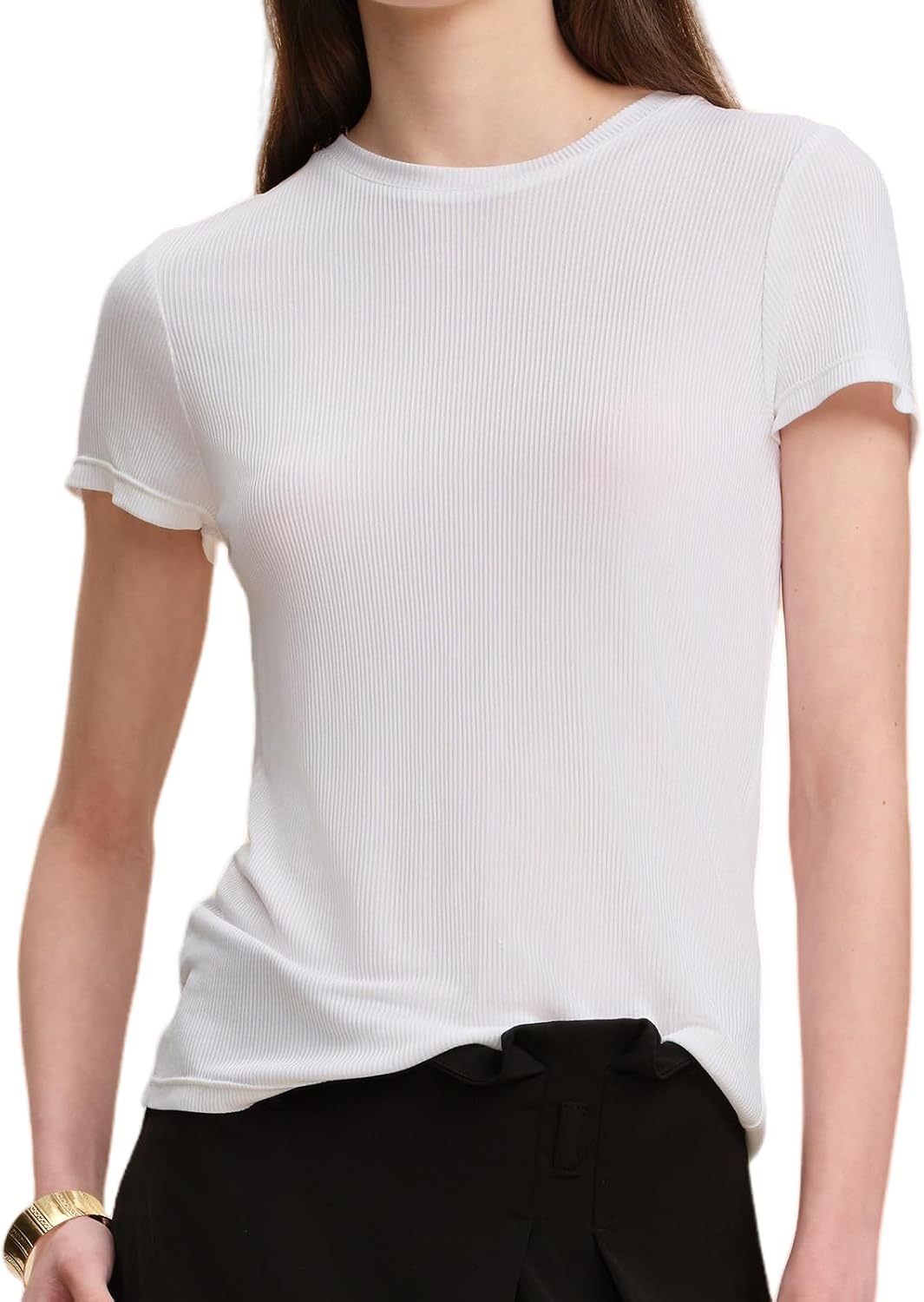 Womens Basic 100% Silk T Shirts Slim Fit Ribbed Tops Tee | Summer Short Sleeve Crew Neck Tshirts,Casual Fashion Blouse,Ladies Solid Shirt,Lightweight Mulberry Silk Elegant Outfits