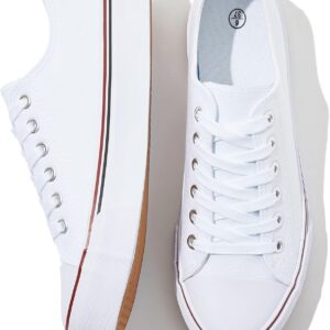 Womens White Canvas Sneakers Low Top Lace Up Canvas Shoes Fashion Comfortable