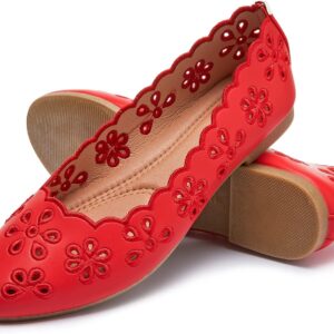 Women's Ballet Flats Black  Leather Dress Shoes Comfortable Round Toe Slip on Flats with Breathable Eyelets